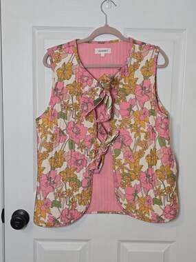 Veveret Floral Quilted Vest Double Tie Front Boho Layering Top L